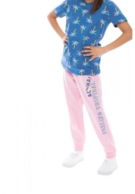 Pijama copii bumbac, bluză mânecă scurtă și pantaloni lungi, imprimeu palmieri,Engros